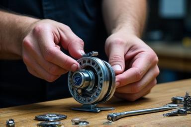 技術者がリールを分解してメンテナンスしている様子