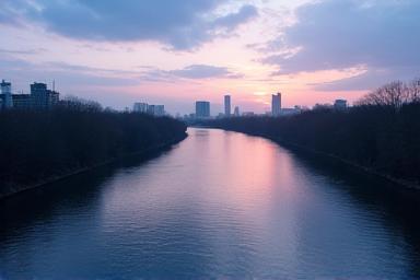 夕暮れ時の多摩川の風景